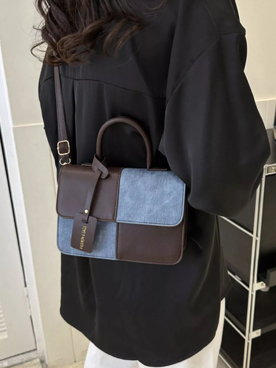 Chic two-tone PU leather crossbody bag with a patchwork design in brown and light blue.