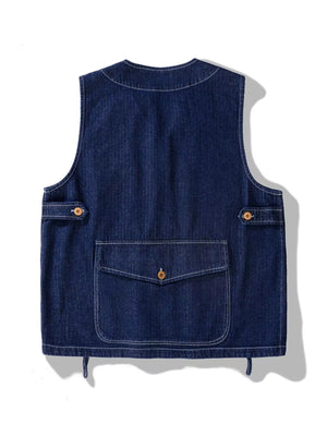 Navy denim vest with V-neck, button-up front, and large front pocket.