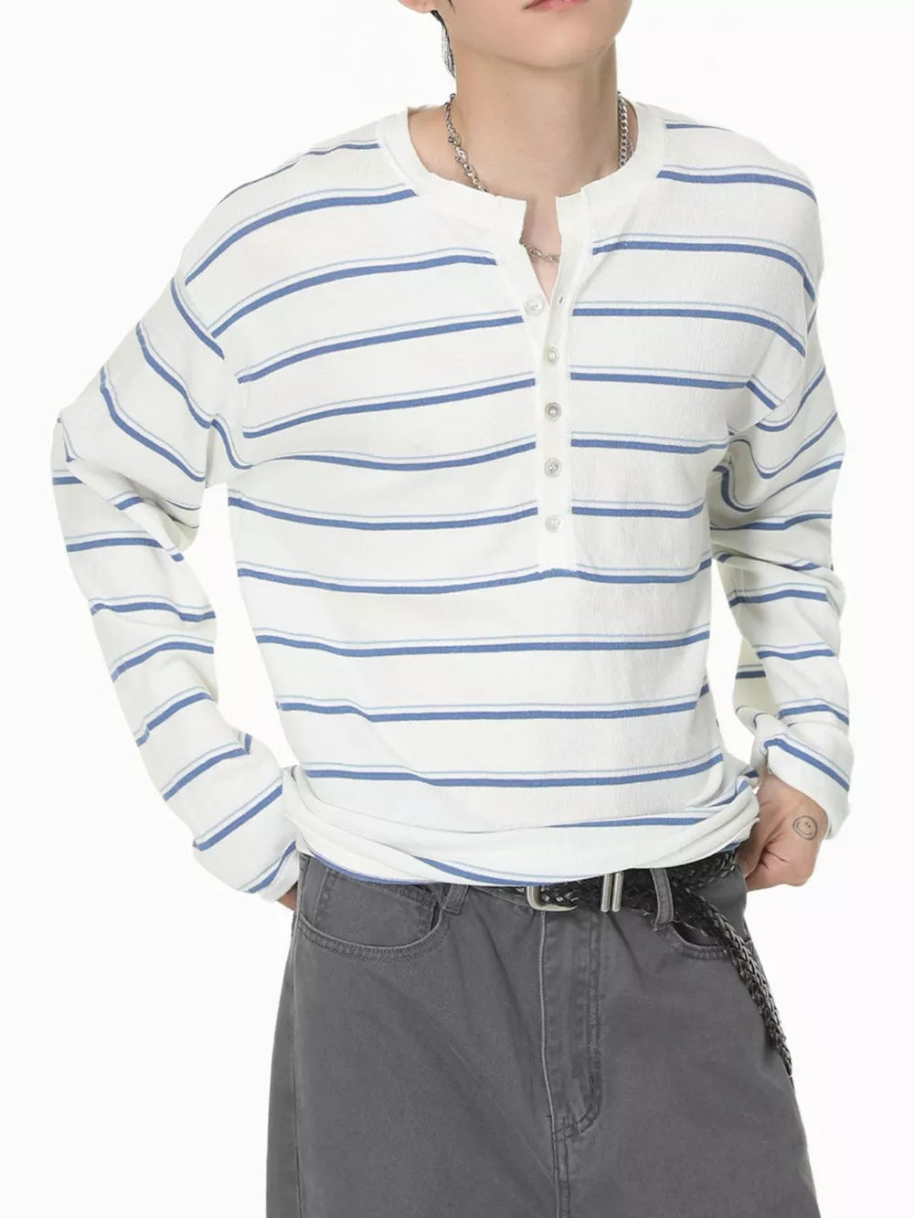 royal blue henley featuring button detail and striped