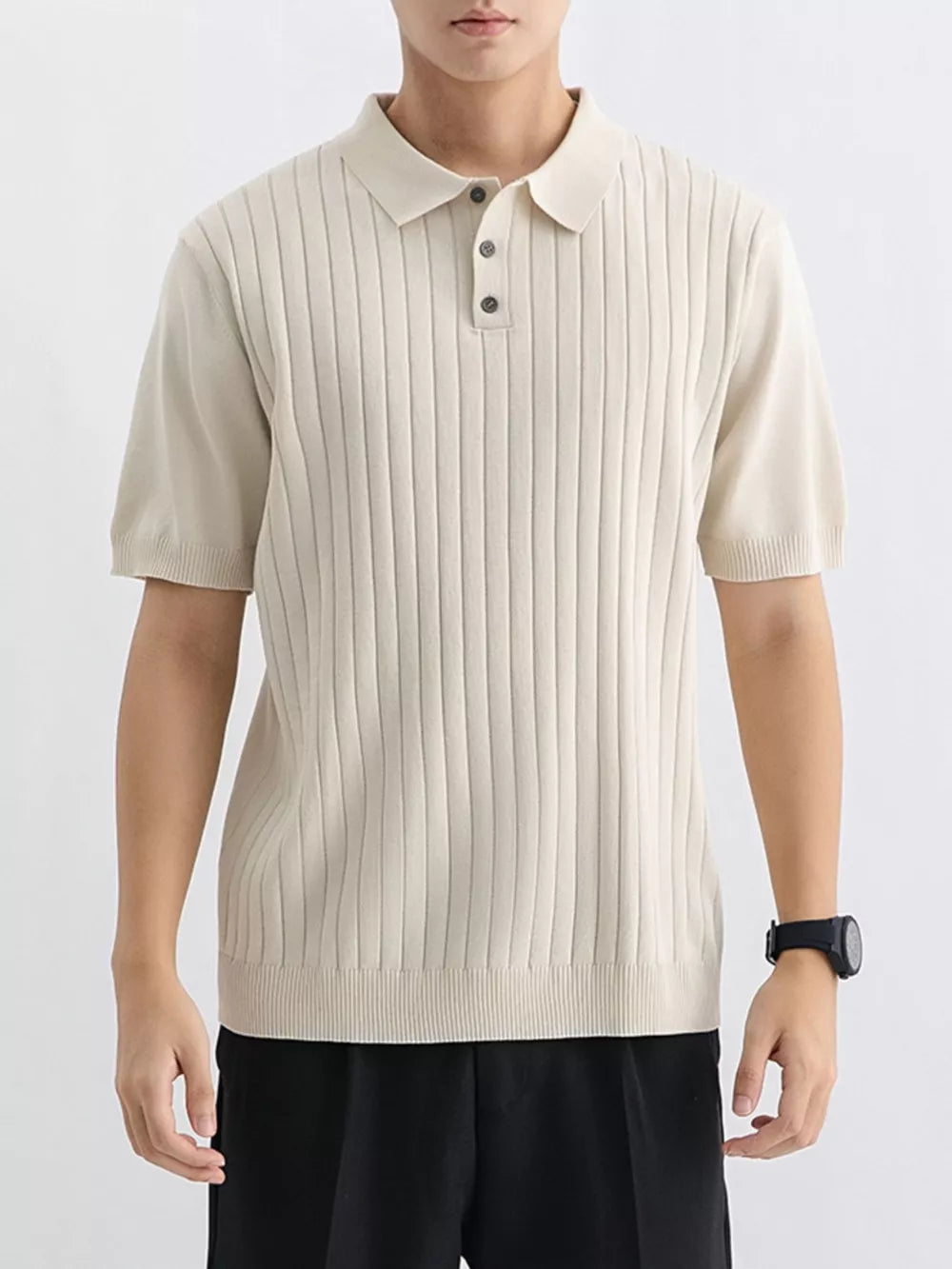 Apricot ribbed knit polo shirt for men with short sleeves and a buttoned collar.