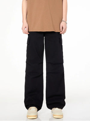Men's black loose fit cargo pants with multiple pockets and a casual style.