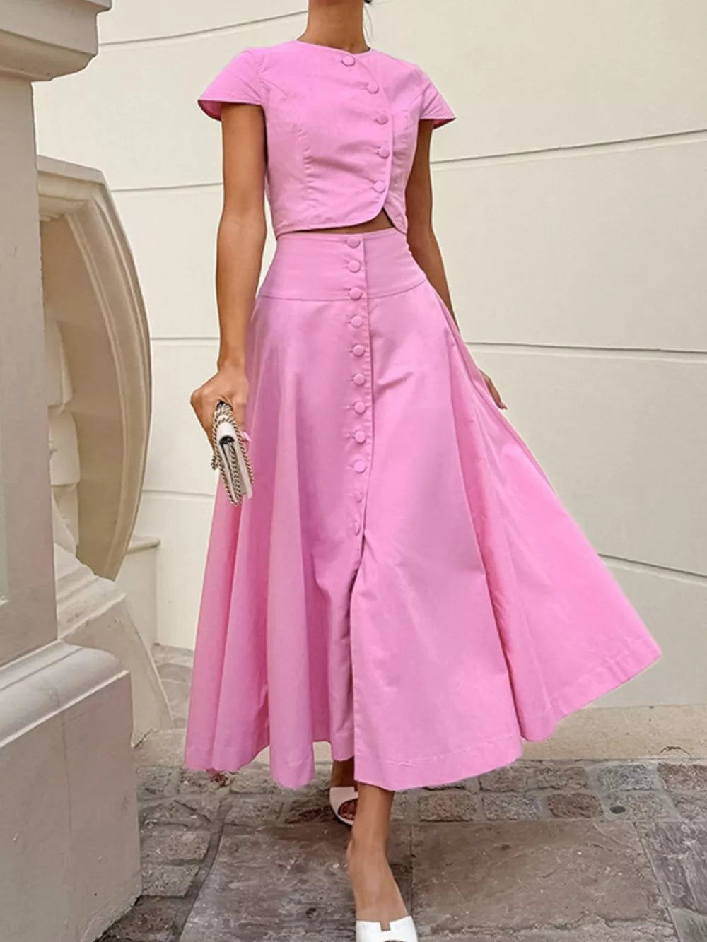 Cap Sleeve Button-down Crop Top And Midi Skirt Set in blush pink with buttoned