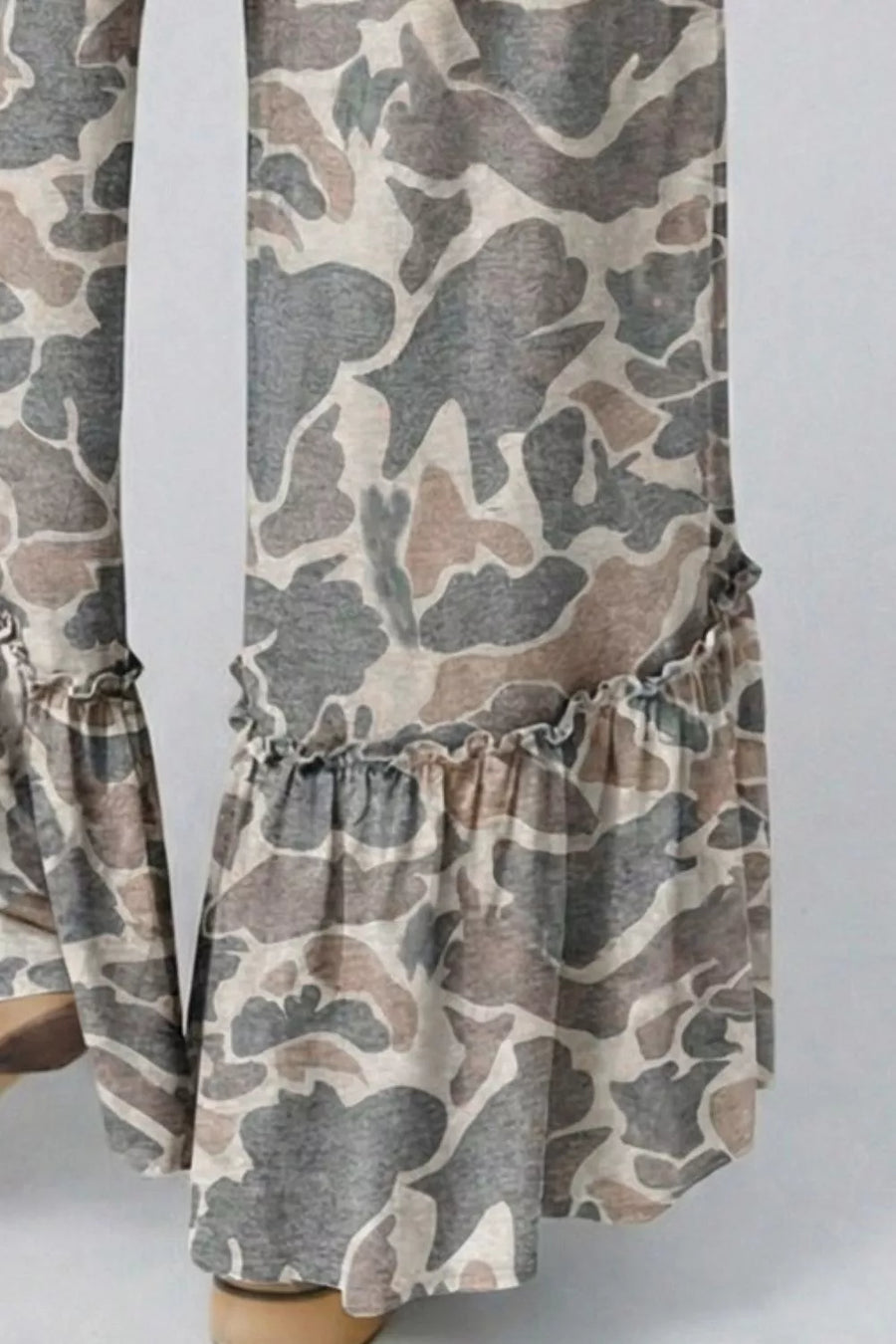 Camo ruffle hem wide-leg maternity pants with a drawstring waist.