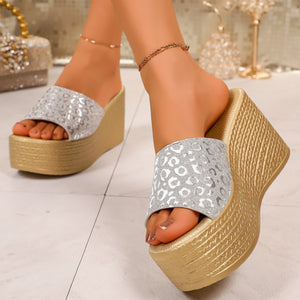 Glamorous leopard print platform sandals in gold with silver sequin straps.