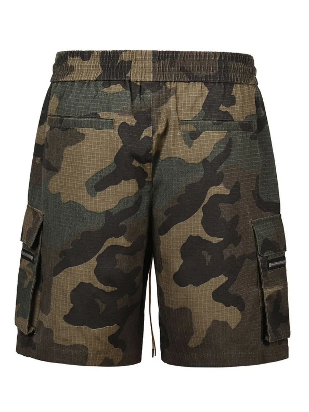 Utility camo cargo shorts with multiple pockets and adjustable drawstring waist.
