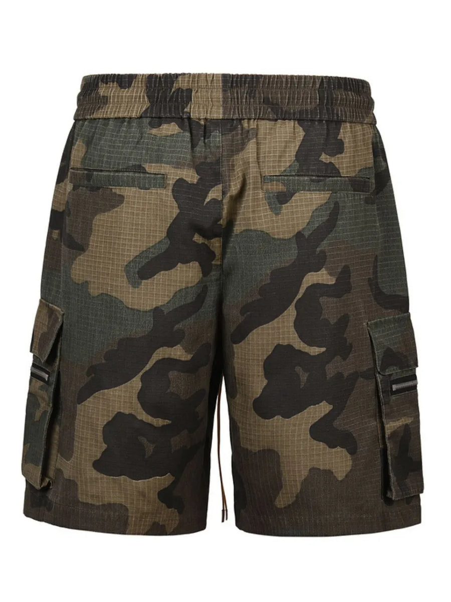 Utility camo cargo shorts with multiple pockets and adjustable drawstring waist.