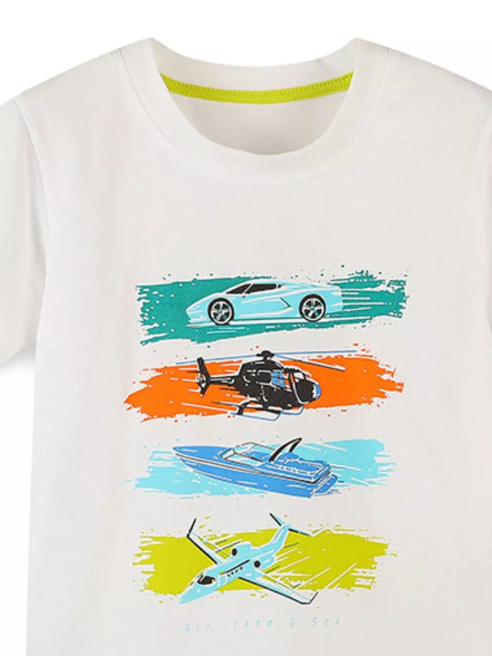 White cotton toddler t-shirt with car, helicopter, boat, and jet print.