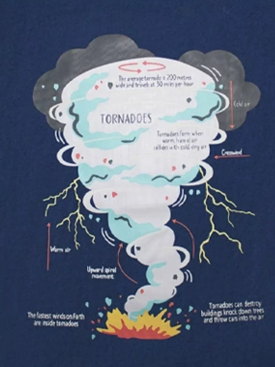 T-shirt with a graphic illustration of a tornado and its effects.