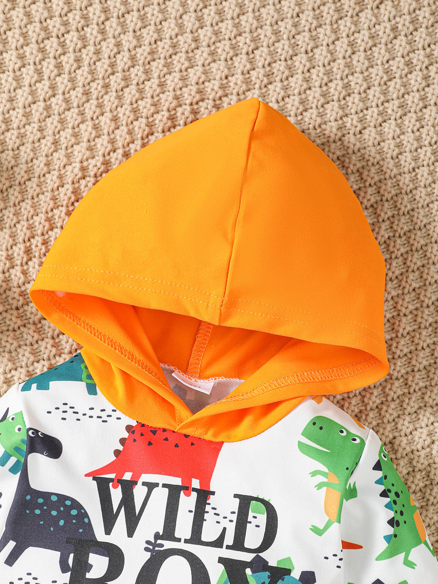 orange bodysuit featuring hooded and dinosaur-print