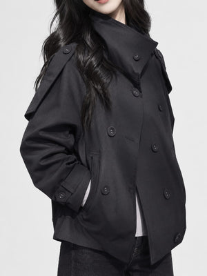 Double-Breasted Cropped Trench Jacket in Khaki with double-breasted