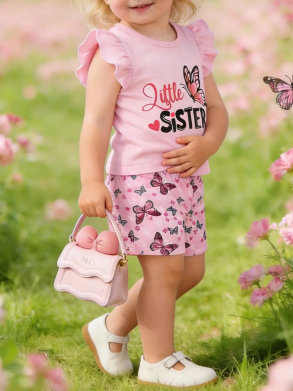 Pink ruffled sleeve baby t-shirt with butterfly graphic and matching butterfly print shorts set.
