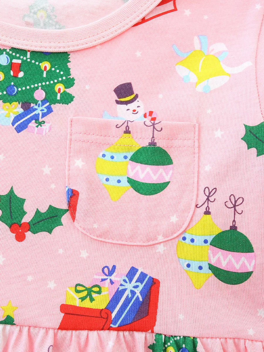 Pink cotton baby dress with Christmas print, featuring a snowman, ornaments, gifts, and tree.