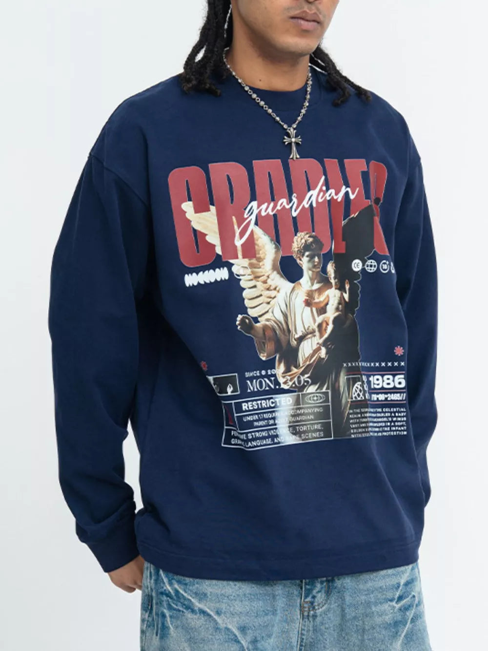 Men's Guardian Angel Graphic Long Sleeve T-shirt in Royal Blue