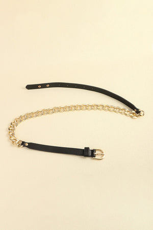 Black leather belt with gold chain accent and buckle detail