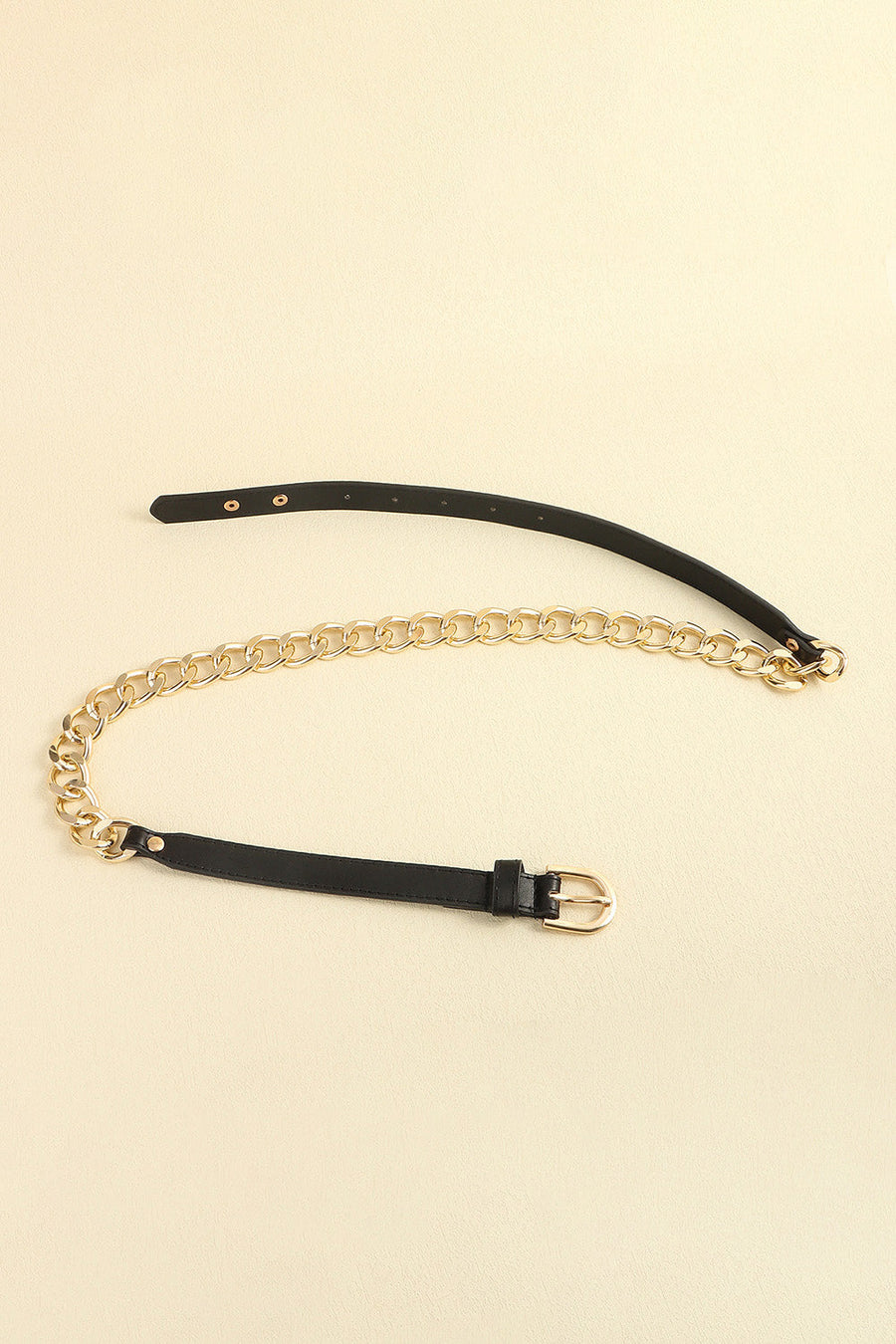 Black leather belt with gold chain accent and buckle detail