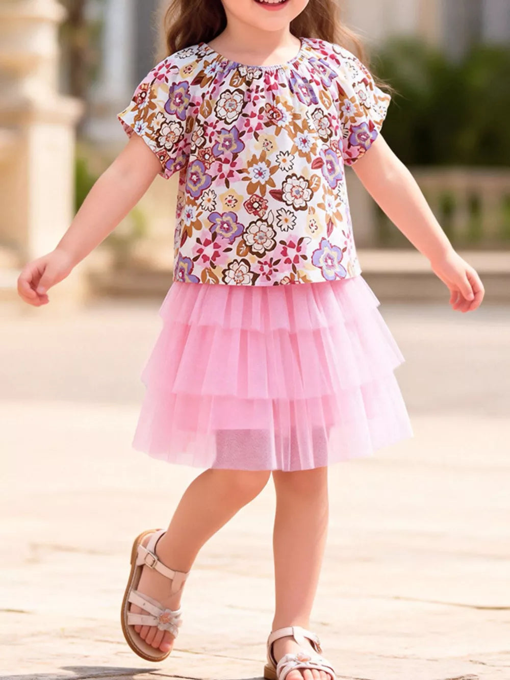 Girls' floral top with tiered pink tulle skirt set, cotton blend.