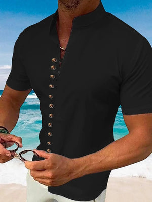 Black short sleeve Mandarin collar Henley shirt with button detail