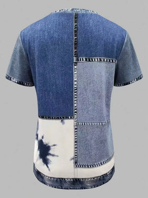 Denim patchwork short sleeve shirt with tie-dye detail.