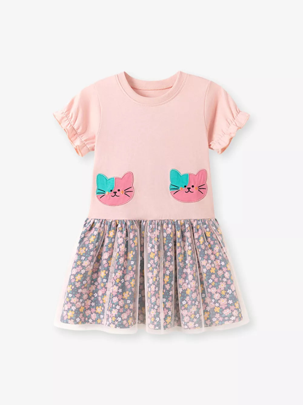 Pink toddler dress with cat embroidery and floral tulle skirt