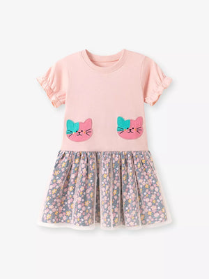 Pink toddler dress with cat embroidery and floral tulle skirt