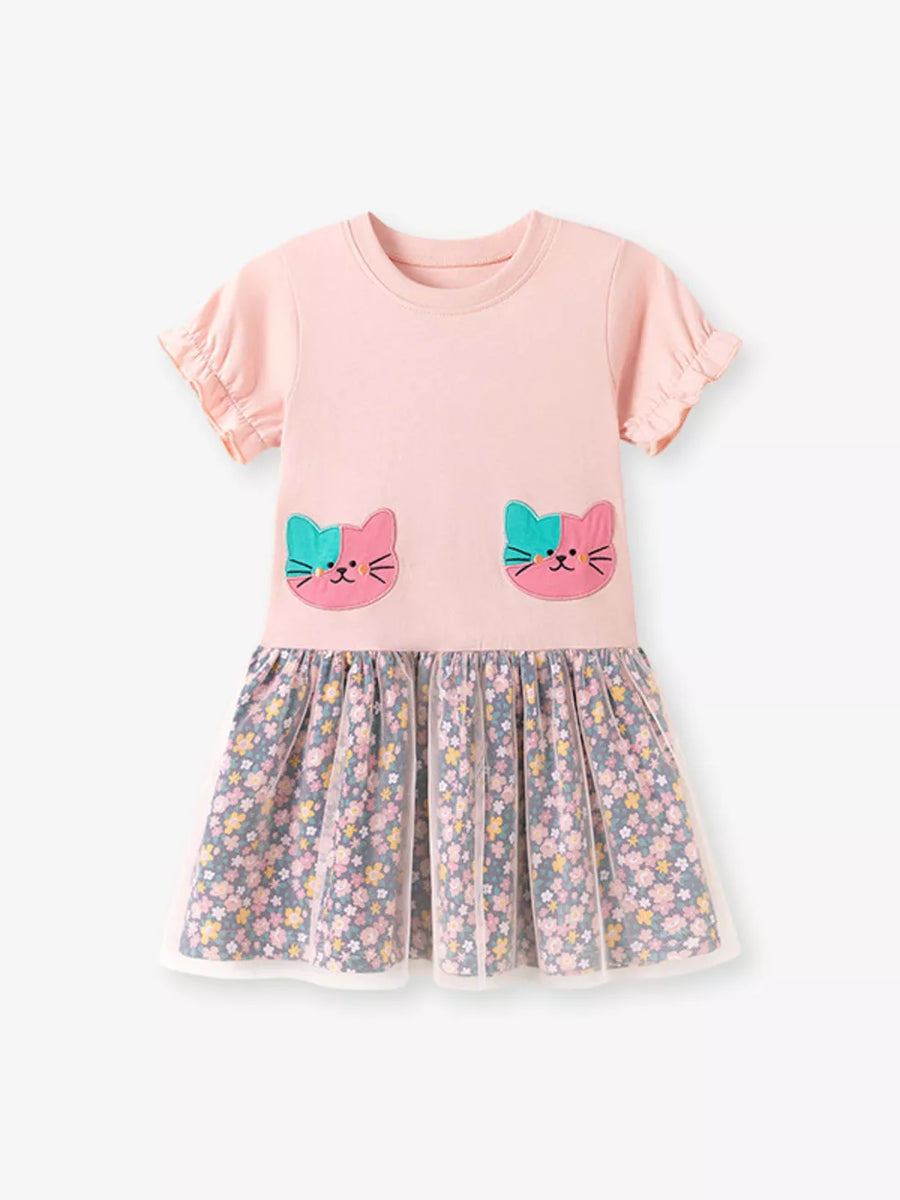 Pink toddler dress with cat embroidery and floral tulle skirt