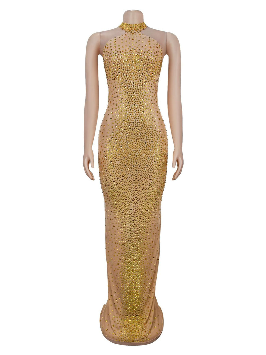 glam formal gown in nude with mock neck