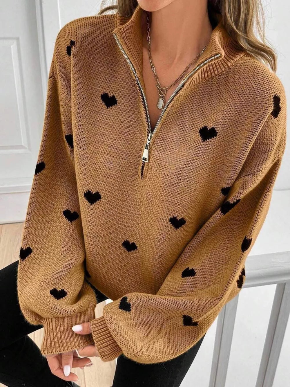 romantic pullover sweater in blush pink with mock neck