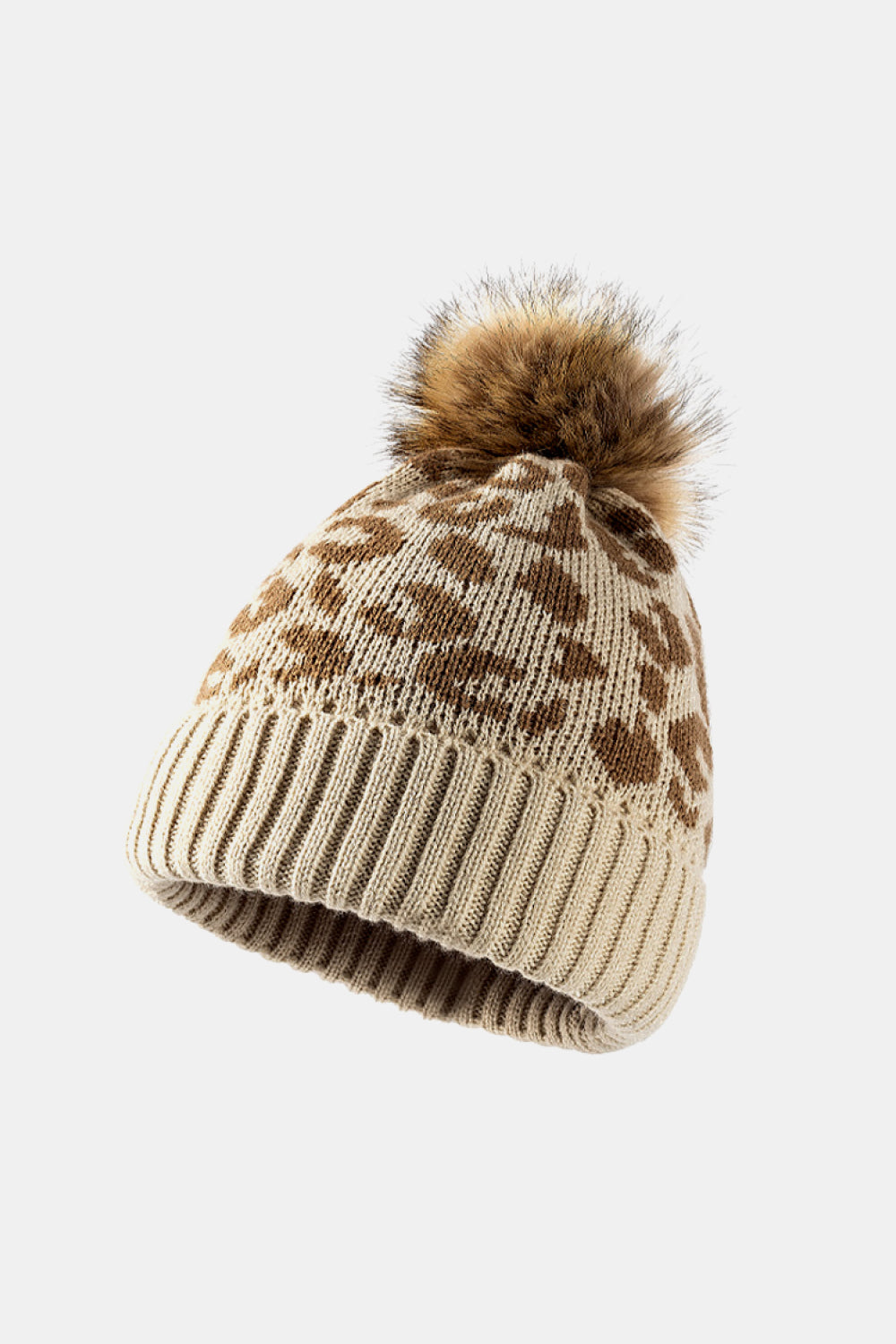 Beige acrylic beanie with brown leopard print and faux fur pom.