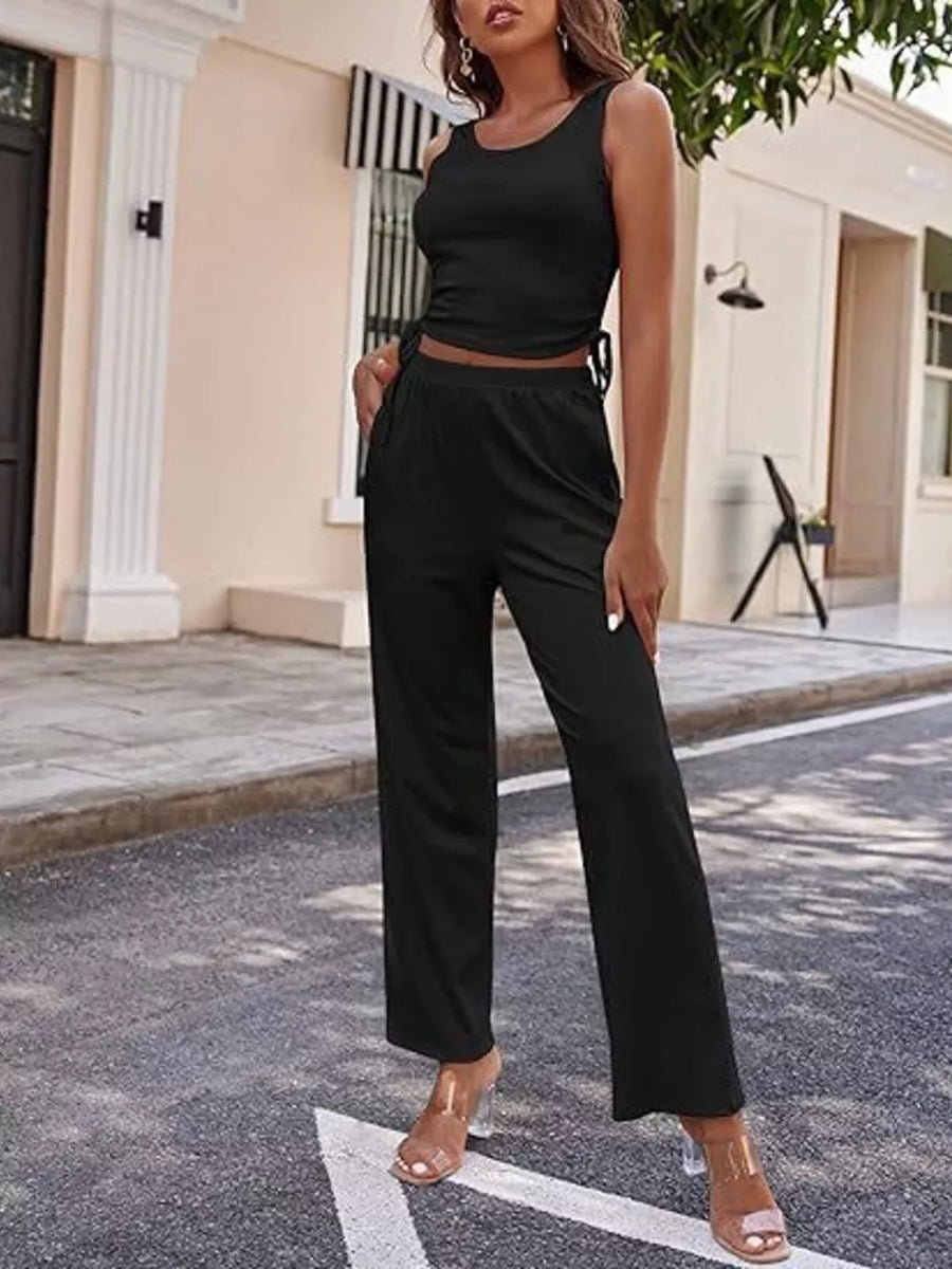 Off-white Round Neck Tank Cardigan Pants Set