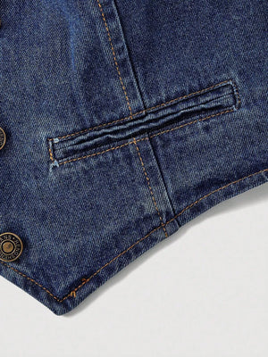 Gray with Halter Neck Denim Vest And Wide-leg Jeans Set