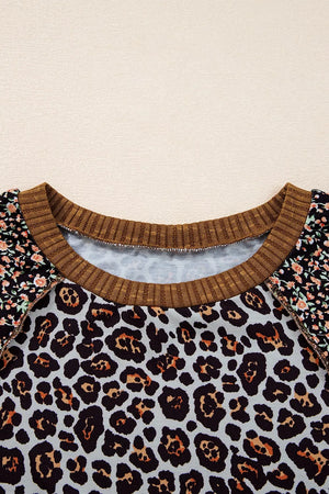 Leopard Floral Print Ribbed Puff Sleeve Sweatshirt option 7