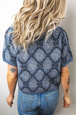 Dusty Blue cardigan featuring buttoned and geometric