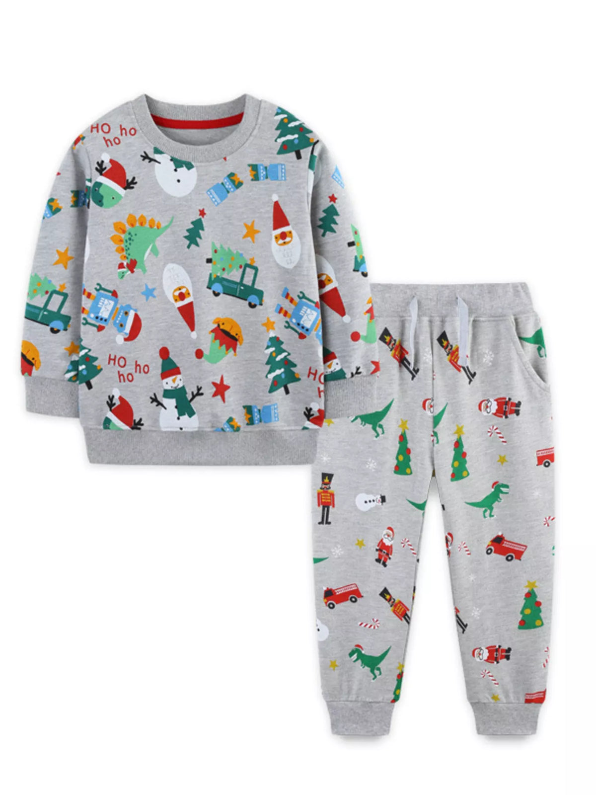 Children's gray cotton Christmas print pajama set with dinosaurs, Santa, snowmen, and trucks.