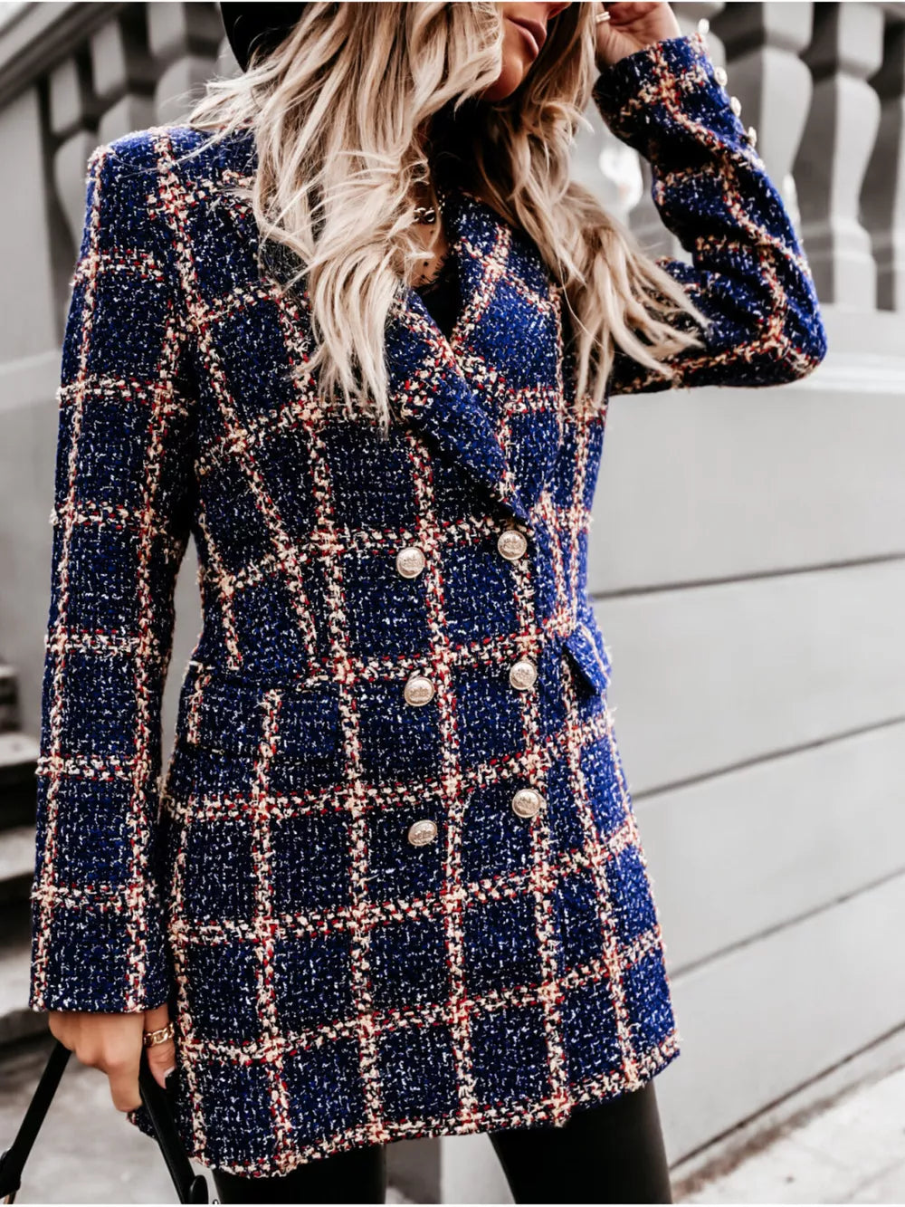 black overcoat with button-front and houndstooth