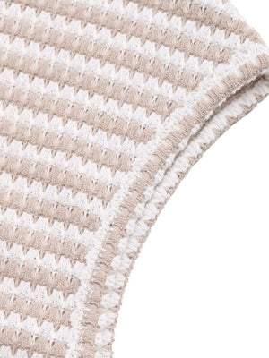 V-neck cap sleeve t-shirt in beige and white striped knit with button detail