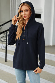 Dark Navy textured henley hooded knit top with button detail and drawstring.