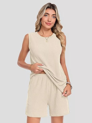 Apricot ribbed knit tank top and shorts set with pockets