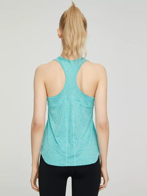 Teal heathered athletic tank top with racerback and curved hem