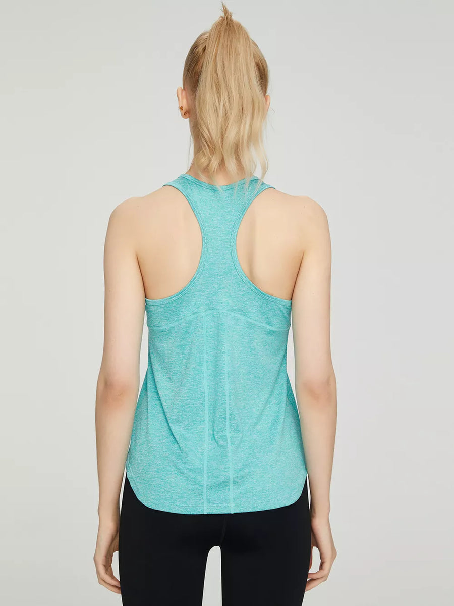 Teal heathered athletic tank top with racerback and curved hem