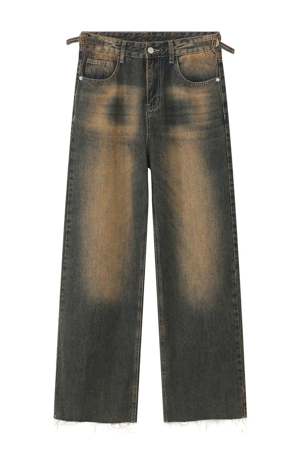 Faded wash wide leg jeans in dark denim with a distressed hem and adjustable waist tabs.