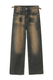 Faded wash wide leg jeans in dark denim with a distressed hem and adjustable waist tabs.