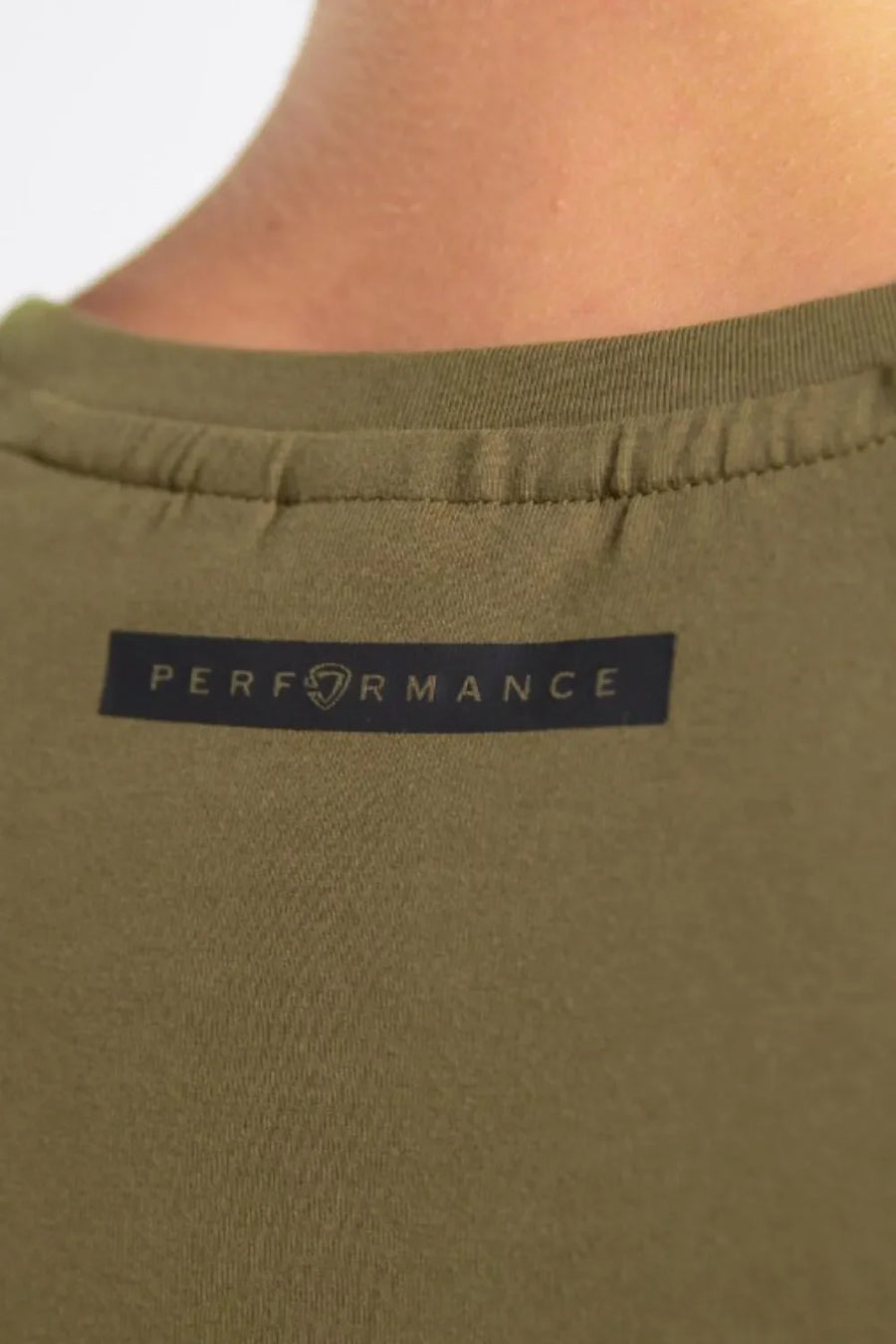 Olive performance raglan tee with black logo detail on back neck