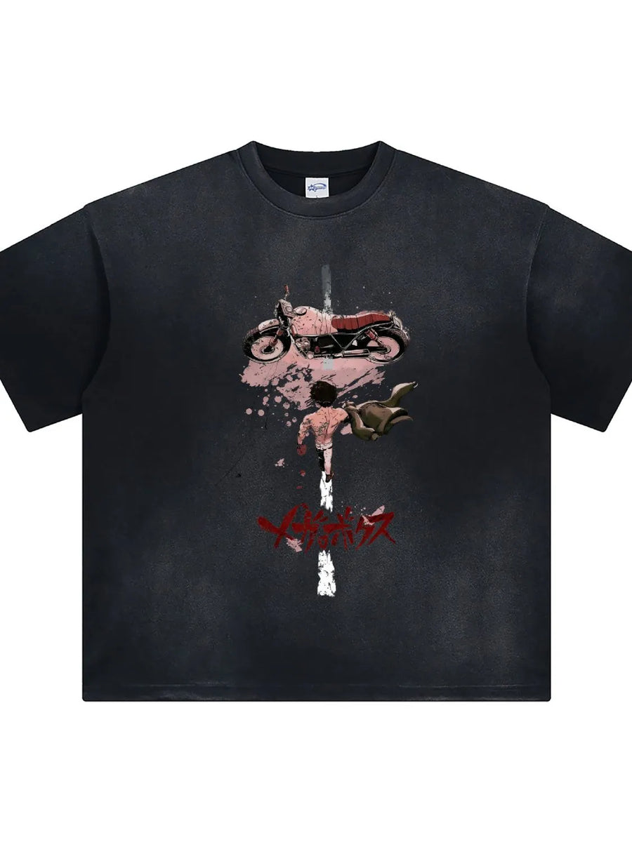 Black oversized washed tee with Akira graphic and Japanese text.