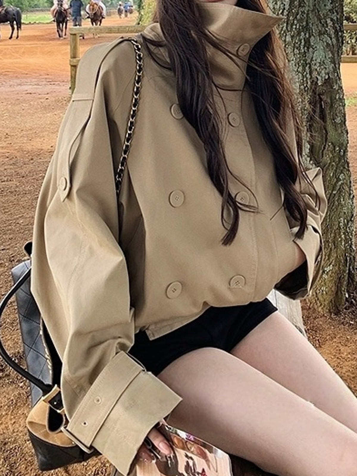 trench coat in camel featuring double-breasted and relaxed fit