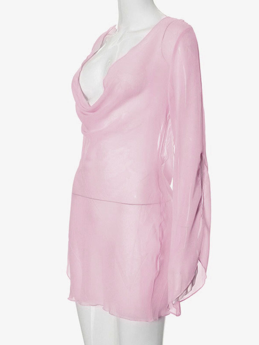 Pink sheer chiffon mini dress with draped neckline and long sleeves.