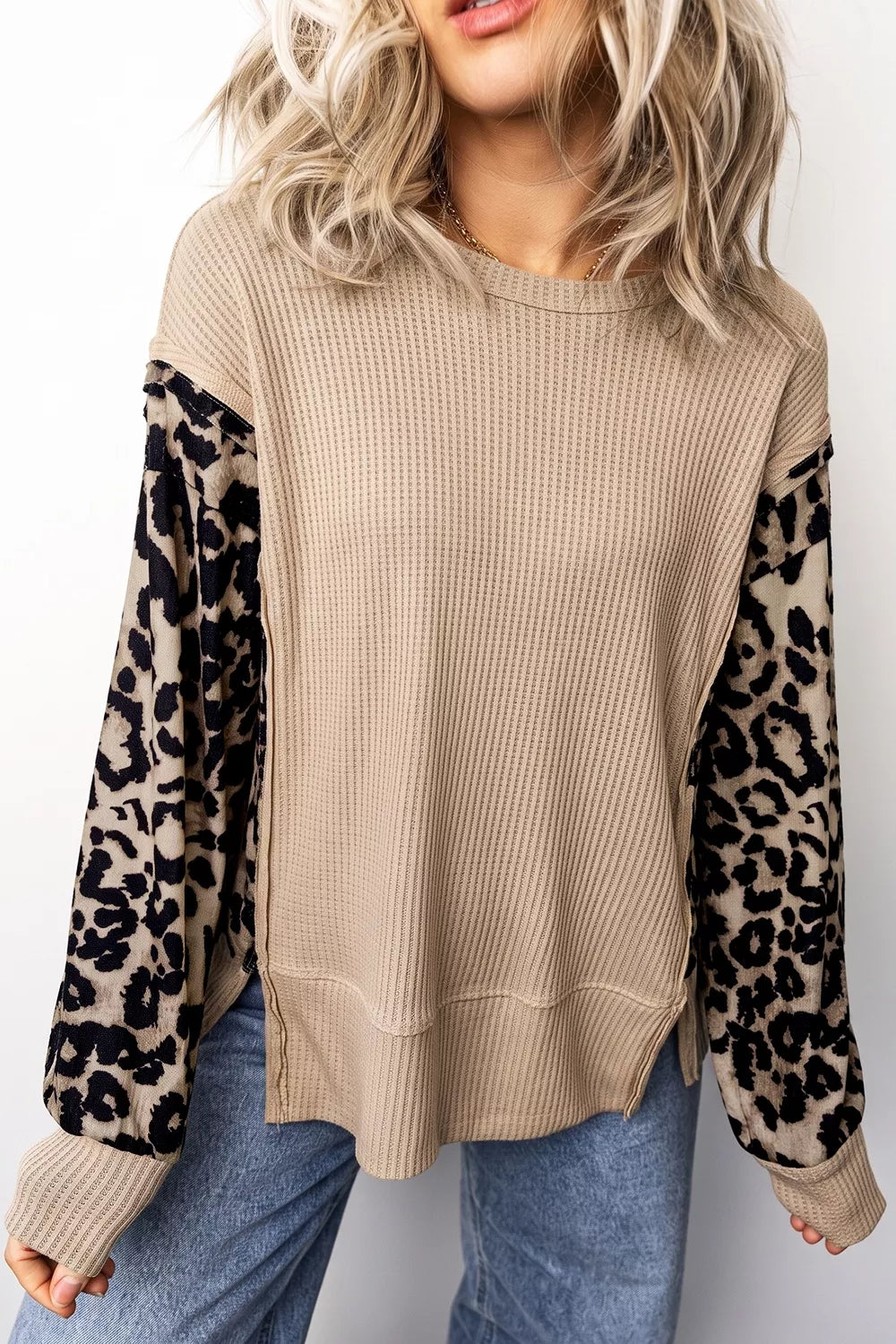 Mocha Leopard Sleeve Waffle Knit Top