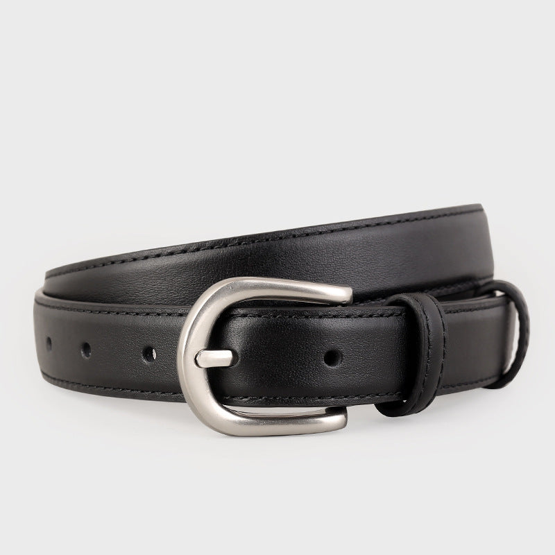 Black cowhide leather belt with sleek silver buckle
