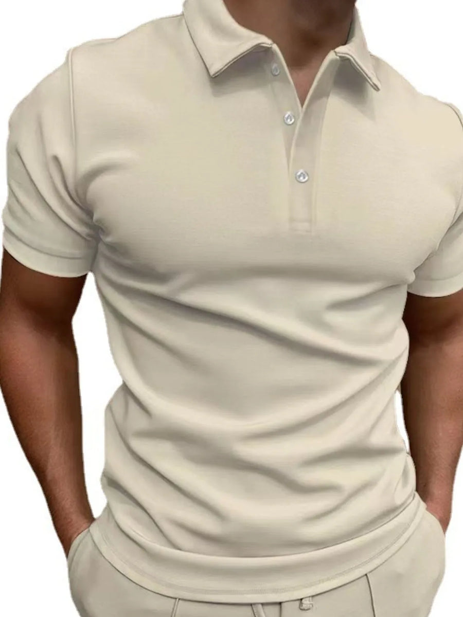Beige short sleeve polo shirt with a modern athletic fit and button neckline.