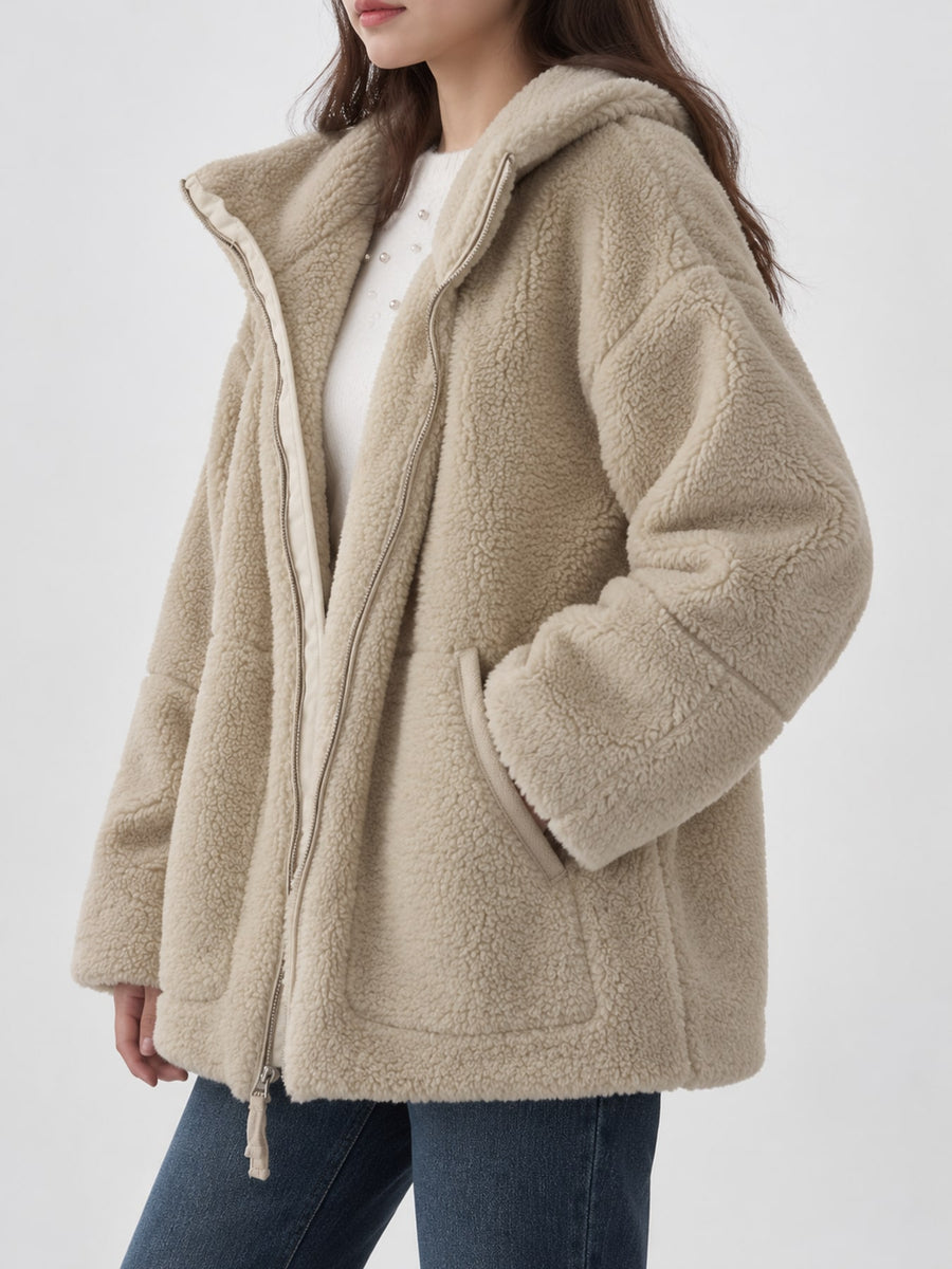 cream relaxed sherpa jacket with mock neck