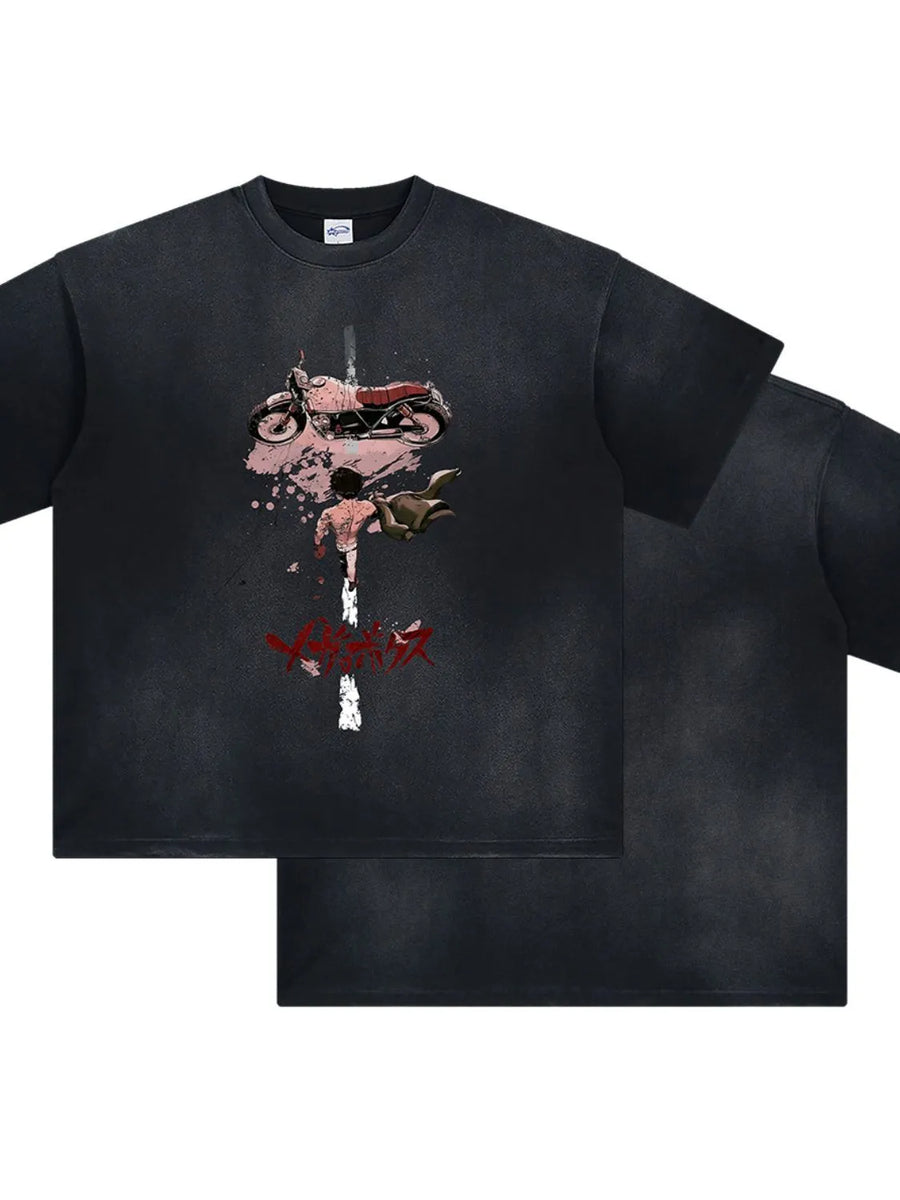 Black oversized graphic tee with Akira motorcycle and character print